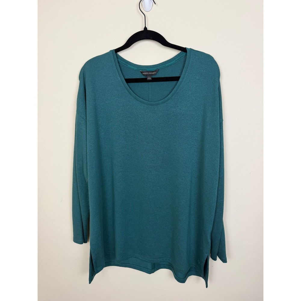 Banana Republic Teal Green Long Sleeve Knit Top Women's L Scoop Neck Side Slits